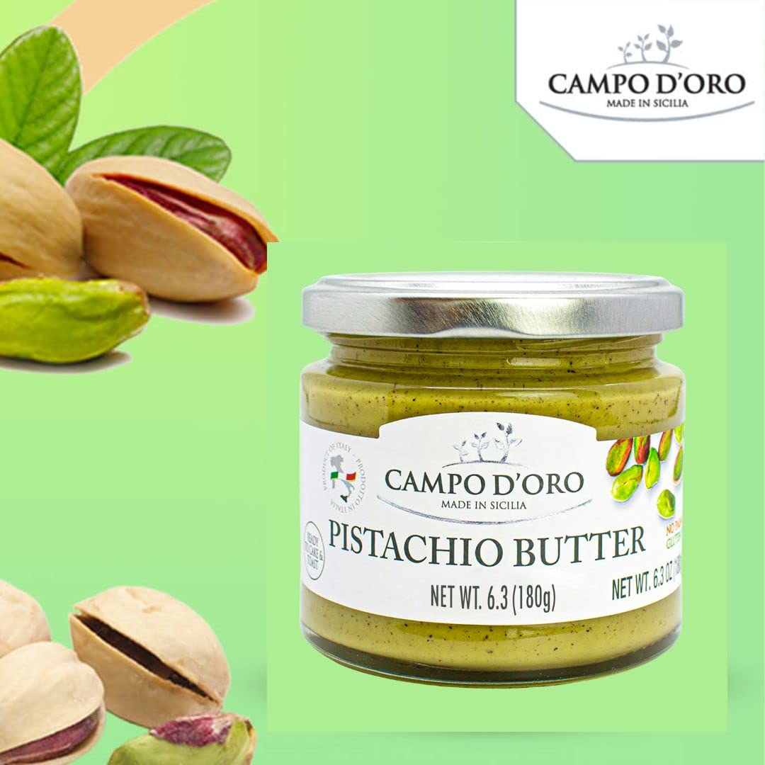 Pistachio Nut Butter Sweet Cream, 6.35 oz (180g), Sweet Sicilian Pistachio Cream Spread, Spreadable, Mix Well After Openiong,Pistachios from Sicily, Italy, No Palm Oil, Campo D'Oro