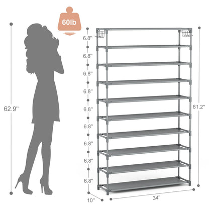 10 Tiers Shoe Rack 50 Pairs Large Capacity Tall Shoe Organizer Sturdy Shoe Storage with Two Hooks Space Saving Metal Wide Shoe Rack for Closet, Entryway, Bedroom, Grey