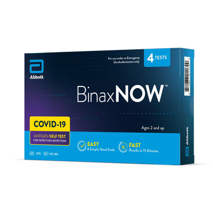 BinaxNOW COVID-19 Antigen Self Test, 1 Pack, 4 Tests Total, COVID Test With 15-Minute Results Without Sending to a Lab, Easy to Use at Home