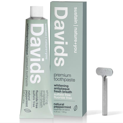 Davids Natural Toothpaste for Teeth Whitening, Peppermint, Antiplaque, Fluoride Free, SLS Free, EWG Verified, Toothpaste Squeezer Included, Recyclable Metal Tube, 5.25oz