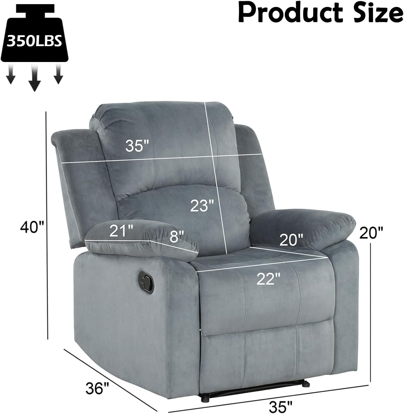 Phoenix Home Manual Recliner Chair, Soft Fabric Overstuffed Recliner Single Sofa Recliner for Living Room, Heavy Duty and Safety Reclining Mechanism,Grey3