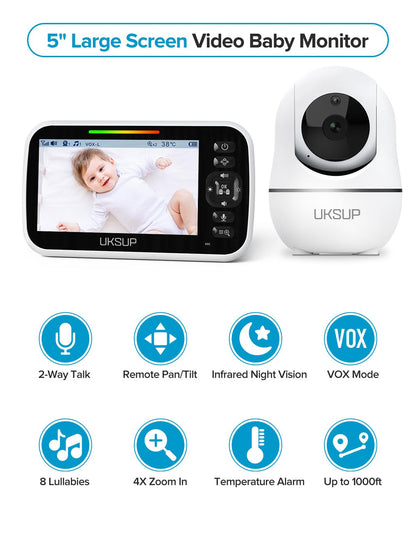 Baby Monitor with Camera and Audio - 5” Display Video Baby Monitor with 29 Hour Battery Life, Remote Pan & Tilt, 2X Zoom,Auto Night Vision, 2 Way Talk, Temperature Sensor,Lullabies,960 Feet Range