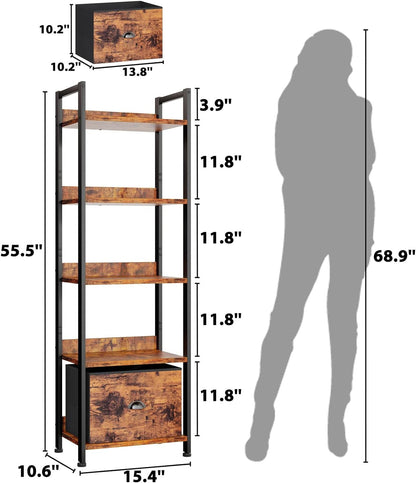 Furologee 5 Tier Bookshelf with Drawer, Tall Narrow Bookcase with Shelves, Wood and Metal Book Shelf Storage Organizer, Industrial Display Standing Shelf Unit for Bedroom, Living Room, Rustic Brown