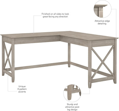 Bush Furniture Key West L Shaped Desk, 60-inch Modern Farmhouse Writing Desk for Home Office