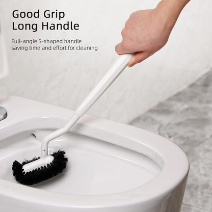 HAMITOR Toilet Bowl Brush Holder Set: Bathroom Deep Cleaning Toilet Cleaner Scrubber Under Rim with Curved Bristle for Dead Corner Clean - Hidden Rv Toilet Decorative Accessories with Caddy- White