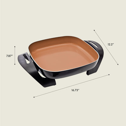 BELLA Electric Skillet and Frying Pan with Glass Lid, Nonstick Coating, Cool Touch Handles, Removable Heating Probe, Dishwasher Safe, 12 x 12 inch, Copper