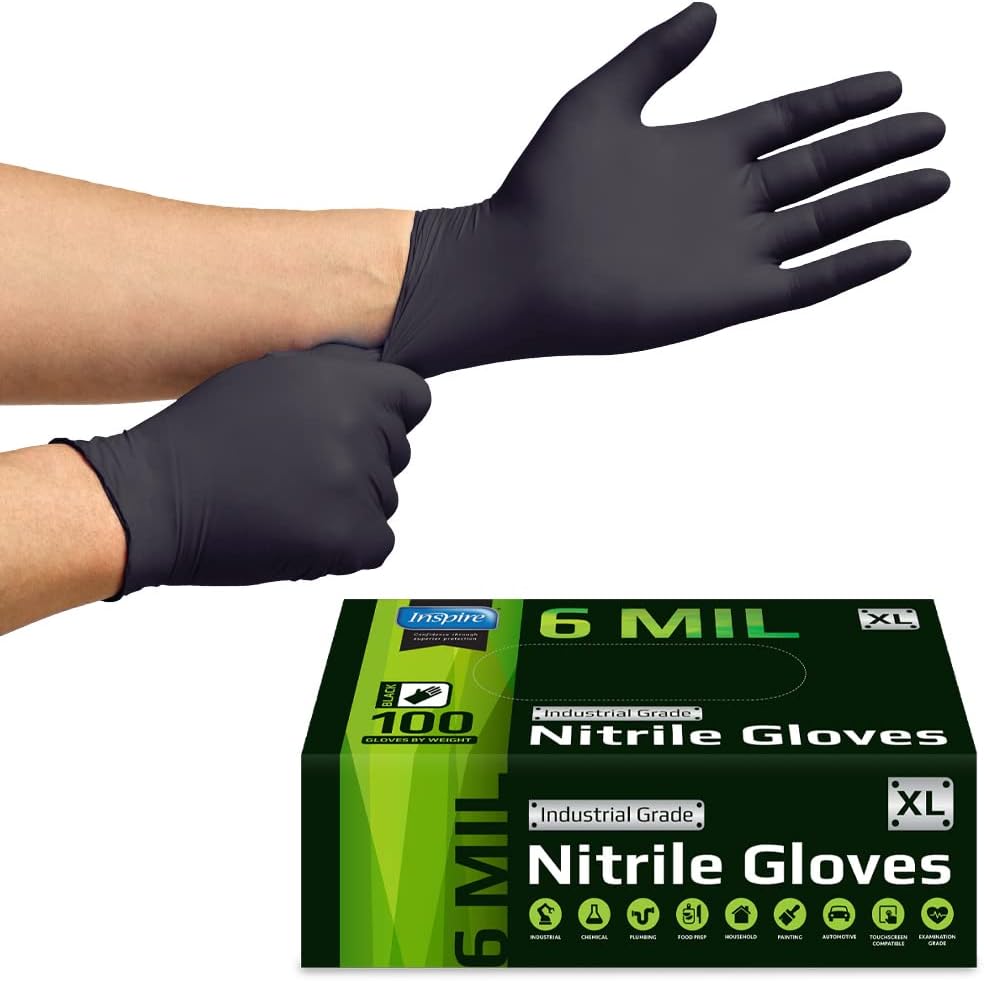 Inspire Black Nitrile Gloves HEAVY DUTY 6 Mil Nitrile Chemical Resistant Medical Cooking Cleaning Disposable Black Gloves