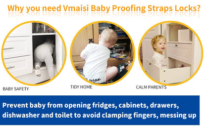 6 Pack Vmaisi Multi-Use Adhesive Straps Locks - Childproofing Baby Proofing Cabinet Latches for Drawers, Fridge, Dishwasher, Toilet Seat, Cupboard, Oven,Trash Can, No Drilling (White) (6)