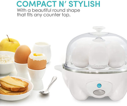 Elite Gourmet EGC-007## Rapid Egg Cooker, 7 Easy-To-Peel, Hard, Medium, Soft Boiled Eggs, Poacher, Omelet Maker, Auto Shut-Off, Alarm, 16-Recipe Booklet, BPA-Free, White