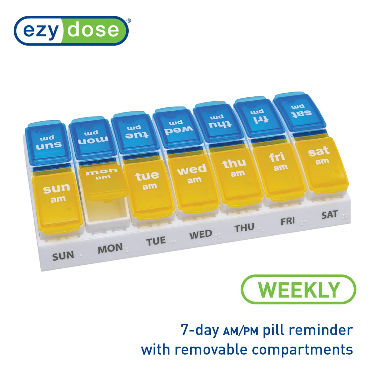 EZY DOSE Weekly (7-Day) AM/PM Pill Case, Medicine Planner, Vitamin Organizer Box, Small Pop-out Compartments, 2 Times a Day, Blue and Purple Lids, BPA Free