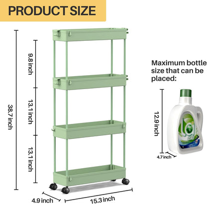 SPACEKEEPER Slim Rolling Storage Cart 4 Tier Bathroom Organizer Utility Cart Mobile Shelving Unit Tower Rack for Kitchen, Laundry Room, Bathroom, Narrow Places, Green