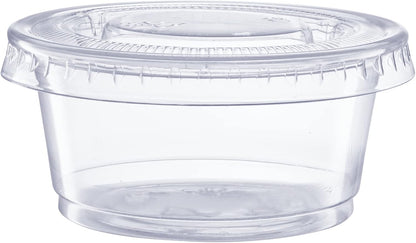 Comfy Package [2 oz. - 100 Count Clear Disposable Plastic Portion Cups with Lids - Soufflé Cups, Jello Shot Cups With Lids, Clear Plastic Containers With Lids