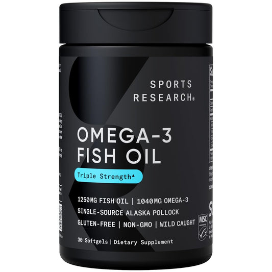 Sports Research Triple Strength Omega 3 Fish Oil 1250mg from Wild Alaska Pollock - Burpless Fish Oil Supplement with Omega3s EPA & DHA - Sustainably Sourced, Non-Gmo, Gluten Free - 30 Softgels