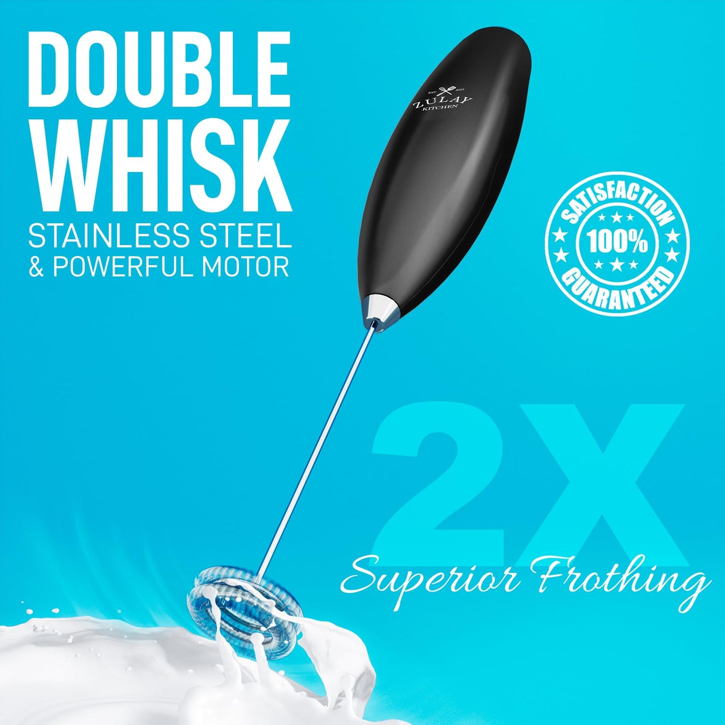 Zulay Powerful Milk Frother (4 Duracell Batteries Included) - Handheld Milk Frother Wand Drink Mixer for Coffee - Powerful Milk Foamer for Cappuccino, Frappe, Matcha & Coffee Creamer - Black