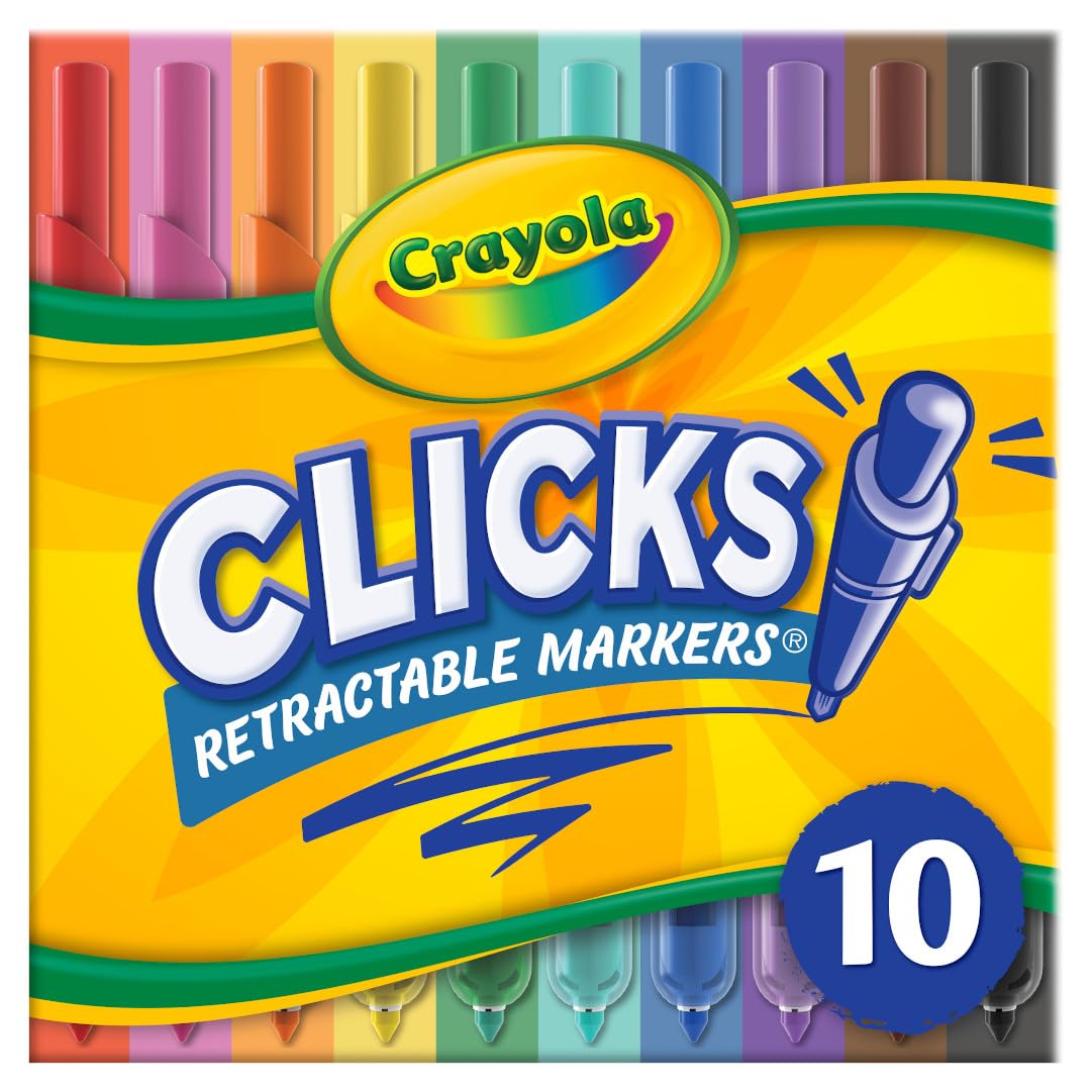 Crayola Clicks Retractable Tip Markers (10ct), Washable Art Marker Set, Coloring Markers for Kids, Back to School Supplies, 3+