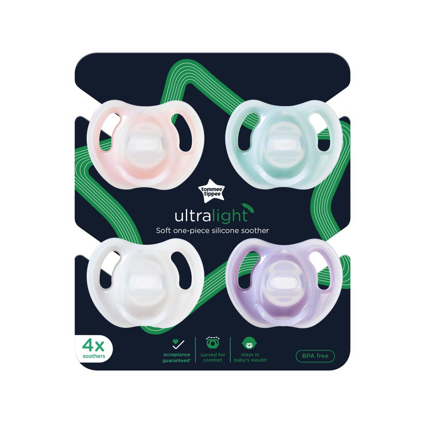 Tommee Tippee Ultra-Light Silicone Pacifier, Symmetrical One-Piece Design, BPA-Free Silicone Binkies, 0-6m, 4-Count