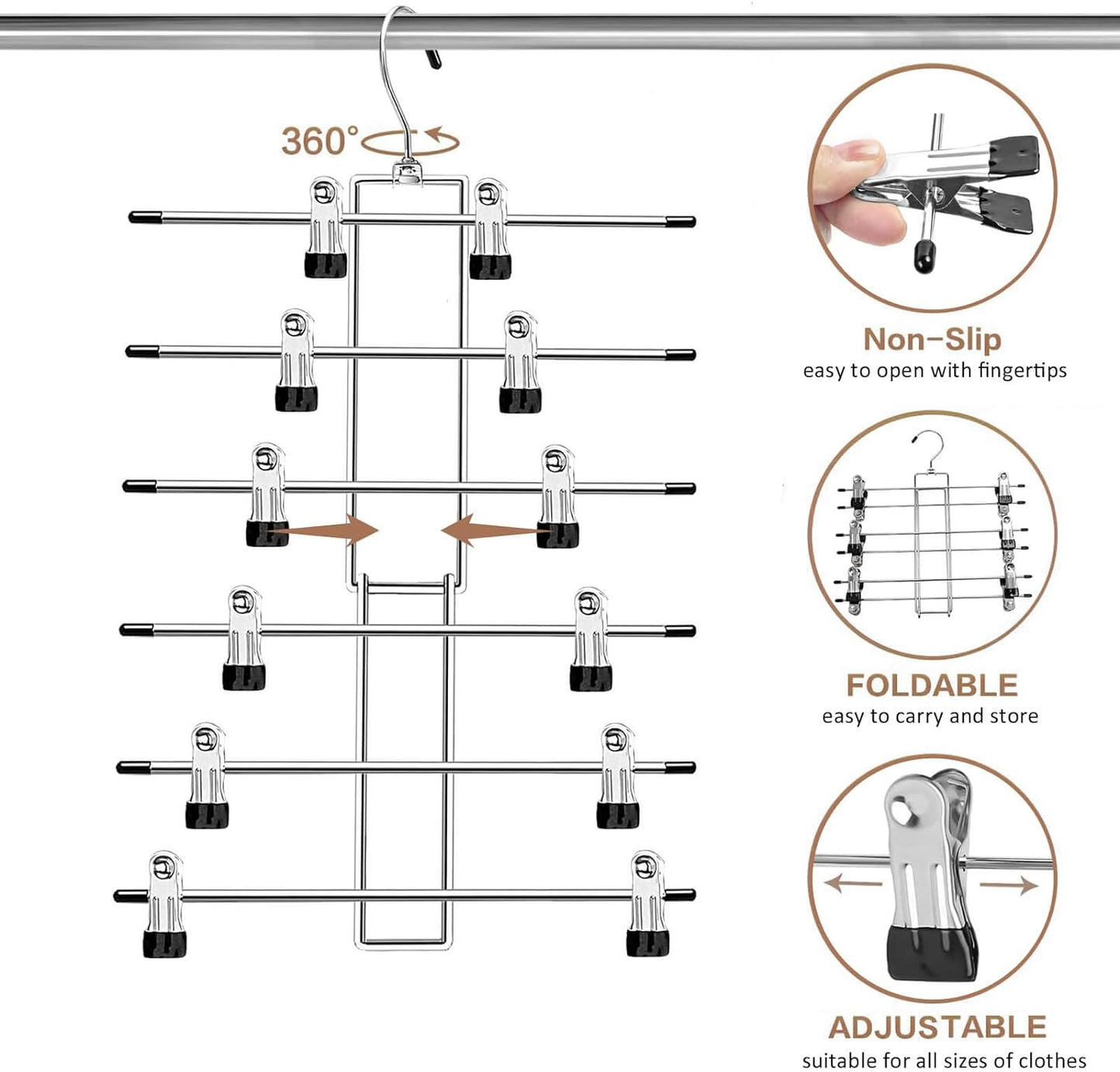 Hangers,Pants Hangers,Space Saving Hanging Closet Organizer - 6 Tiers Skirt Hangers with 360° Swivel Hook,Hangers Space Saving with Clips,closet organizers and storage -Clothes Hangers- 2 Pack