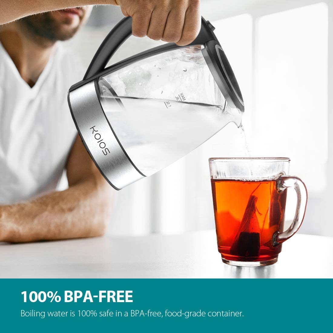 Fast Boil Electric Water Kettle, 1.8L Large Capacity with Auto Shut-Off and Boil-Dry Protection, BPA-Free Borosilicate Glass &Stainless Steel