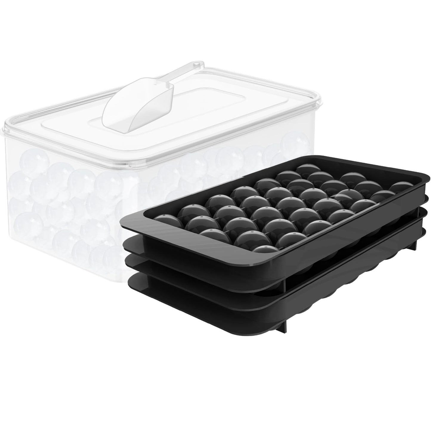 WIBIMEN Ice Cube Tray with Lid & Bin, 0.8inx66 Ice Ball Maker Mold for Freezer with Container Ice Trays Making Sphere Ice Chilling Cocktail Tea Coffee (2 Black Trays 1 Ice Bucket & Scoop)