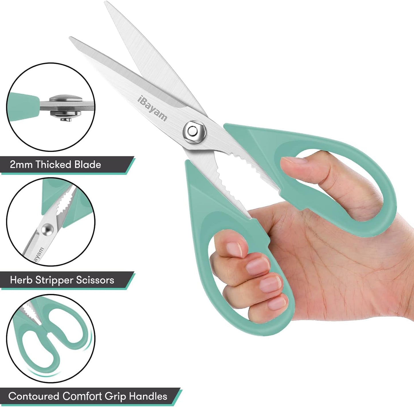 Kitchen Shears, iBayam Kitchen Scissors All Purpose Heavy Duty Meat Scissors Poultry Shears, Dishwasher Safe Food Cooking Scissors Stainless Steel Utility Scissors, 2-Pack, Black, Aqua Sky