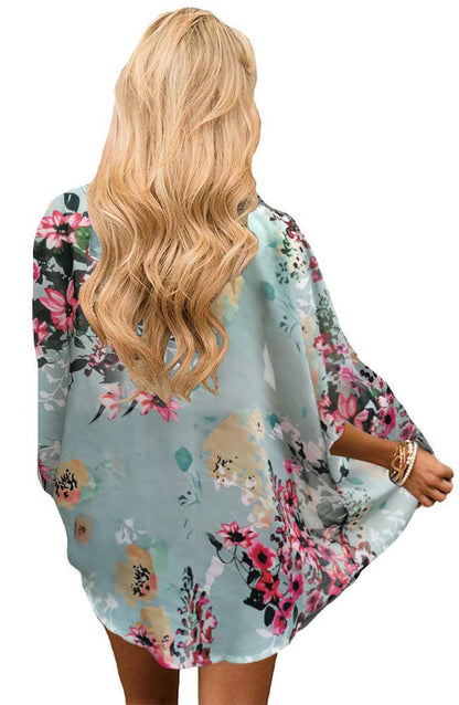 Women's Floral Print Puff Sleeve Kimono Cardigan Loose Cover Up Casual Blouse Tops