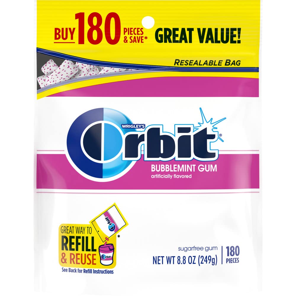 ORBIT Gum Bubblemint Sugar Free Chewing Gum Bulk Pack, 180 Piece Resealable Bag