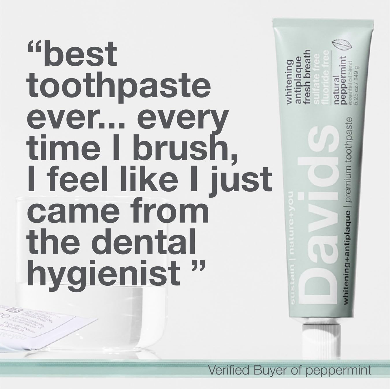 Davids Natural Toothpaste for Teeth Whitening, Peppermint, Antiplaque, Fluoride Free, SLS Free, EWG Verified, Toothpaste Squeezer Included, Recyclable Metal Tube, 5.25oz