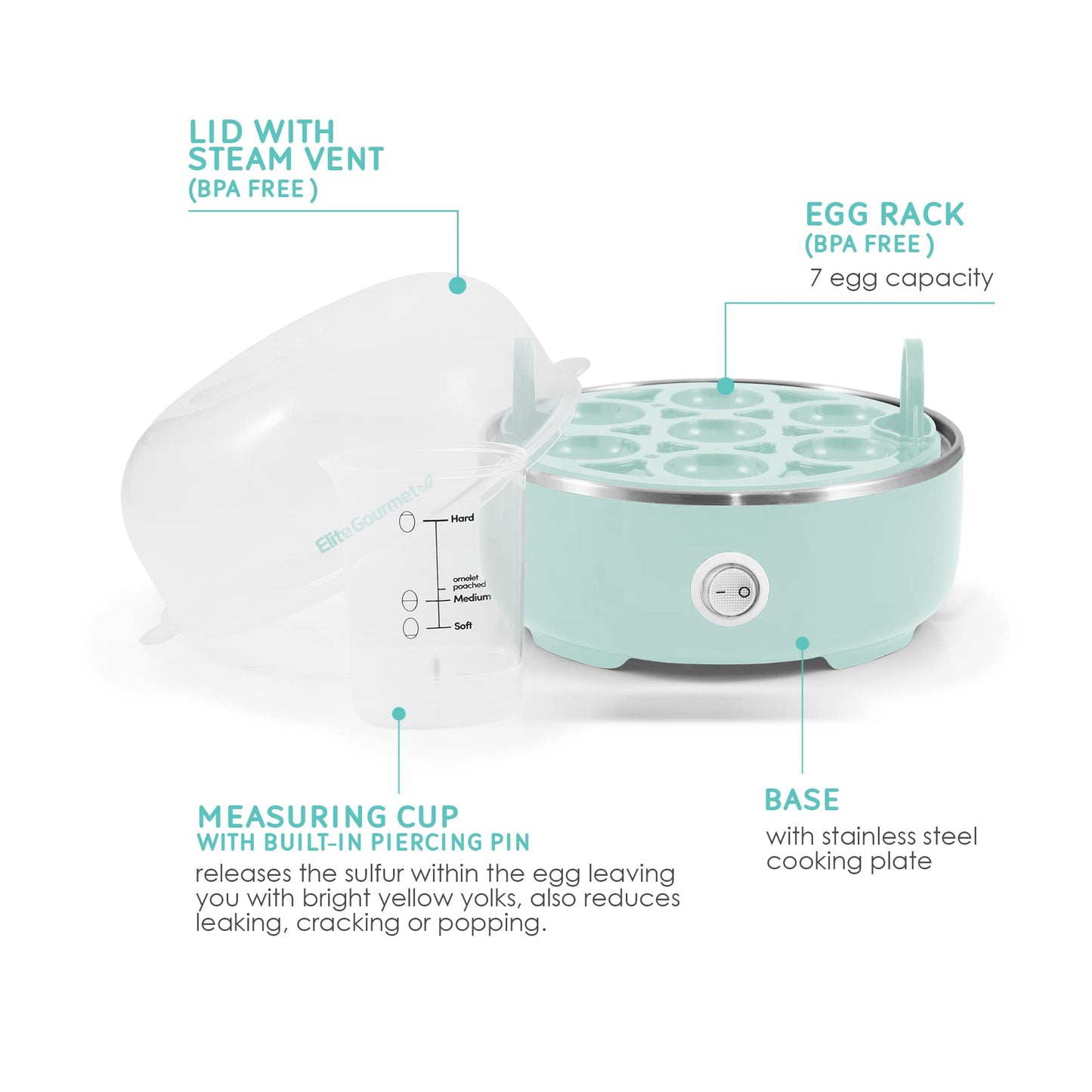 Elite Gourmet EGC322CBL Easy Egg Cooker Electric 7-Egg Capacity, Soft, Medium, Hard-Boiled Egg Cooker with Auto Shut-Off, Measuring Cup Included, BPA Free, Classic Blue