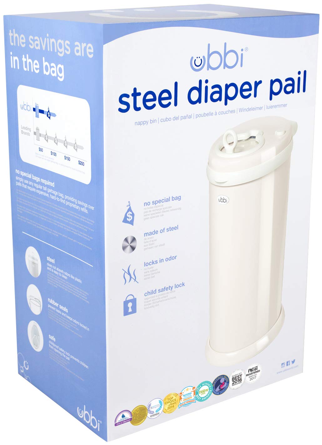 Ubbi Steel Diaper Pail, Odor Locking, No Special Bag Required, Award-Winning, Registry Must-Have, White