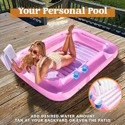 Sloosh Inflatable Tanning Pool Lounge Float, 70" x 46" Suntan Tub Raft Floatie, Tanning Pool with Pillow, Personal Pool Lounger for Adult Summer Water Party, L-Blue