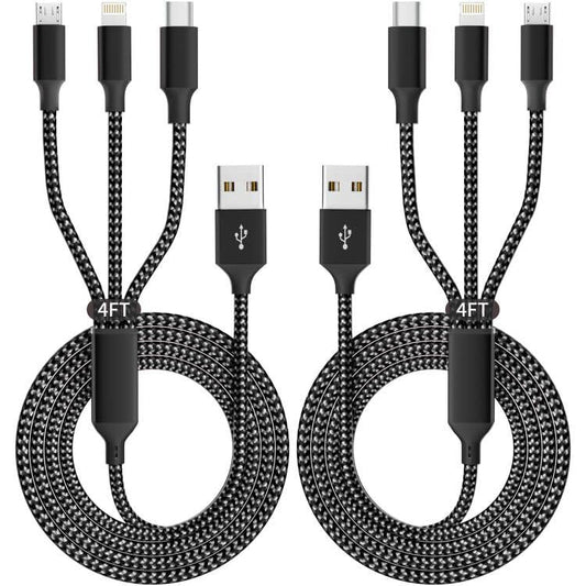 IDISON Multi Charging Cable(2Pack 4FT), 3 in 1 Charger Cable Nylon Braided Multiple USB Cable Universal Charging Cord with Type-C, Micro USB and IP Port for Cell Phones and More