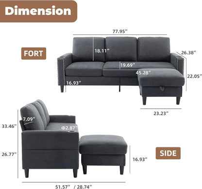 Convertible Sectional Couches for Living Room, L-Shaped Couch 3 Seats Sofas with Storage Chaise & 2 Cup Holders, Small Sofa for Apartment, Compact Spaces, Dark Grey