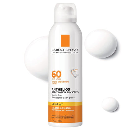 La Roche-Posay Anthelios Ultra-Light Sunscreen Spray Lotion SPF 60 | Spray Sunscreen For Face & Body | Broad Spectrum SPF + Antioxidants | Oil Free | Alcohol Free | Water Resistant 80 Min. | 5 Fl. Oz.