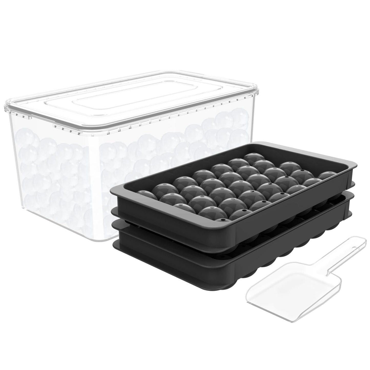 WIBIMEN Ice Cube Tray with Lid & Bin, 0.8inx66 Ice Ball Maker Mold for Freezer with Container Ice Trays Making Sphere Ice Chilling Cocktail Tea Coffee (2 Black Trays 1 Ice Bucket & Scoop)