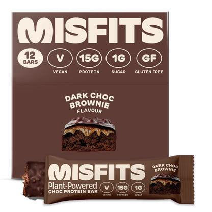 Misfits Vegan Protein Bar, Variety Pack, Plant Based Chocolate Protein Bars, High Protein Snacks for Adults with 15g Plant Protein Per Bar, Low Carb, 1g Sugar, High Fiber, Healthy Snack Food, 12 Pack