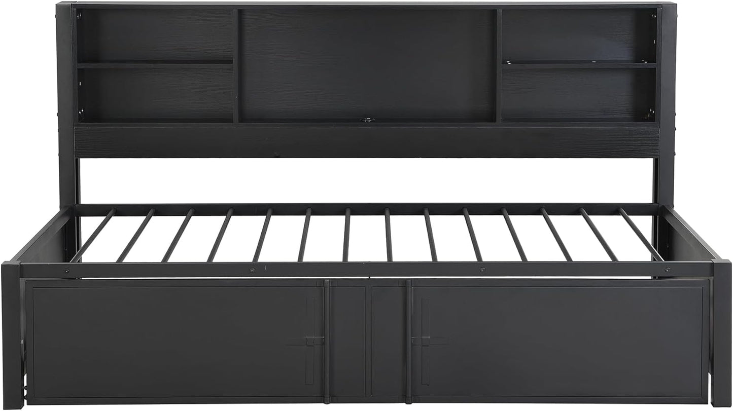 Harper & Bright Designs Twin Captains Bed with Trundle and Storage Headboard, Daybed Twin with USB Charging Port and Metal Frame, Industrial Style Twin Trundle Bed Frame, No Box Spring Needed, Black