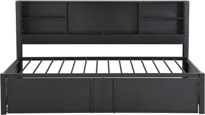 Harper & Bright Designs Twin Captains Bed with Trundle and Storage Headboard, Daybed Twin with USB Charging Port and Metal Frame, Industrial Style Twin Trundle Bed Frame, No Box Spring Needed, Black