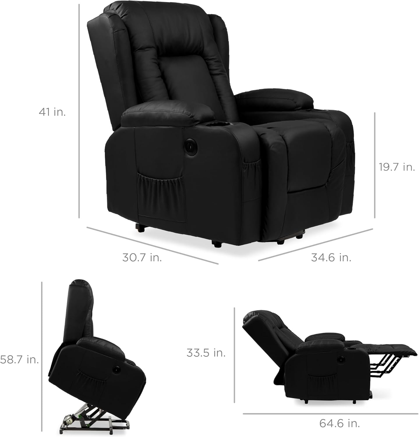 Best Choice Products PU Leather Electric Power Lift Chair, Recliner Massage Chair, Adjustable Furniture for Back, Legs w/ 3 Positions, USB Port, Heat, Cupholders, Easy-to-Reach Side Button - Black