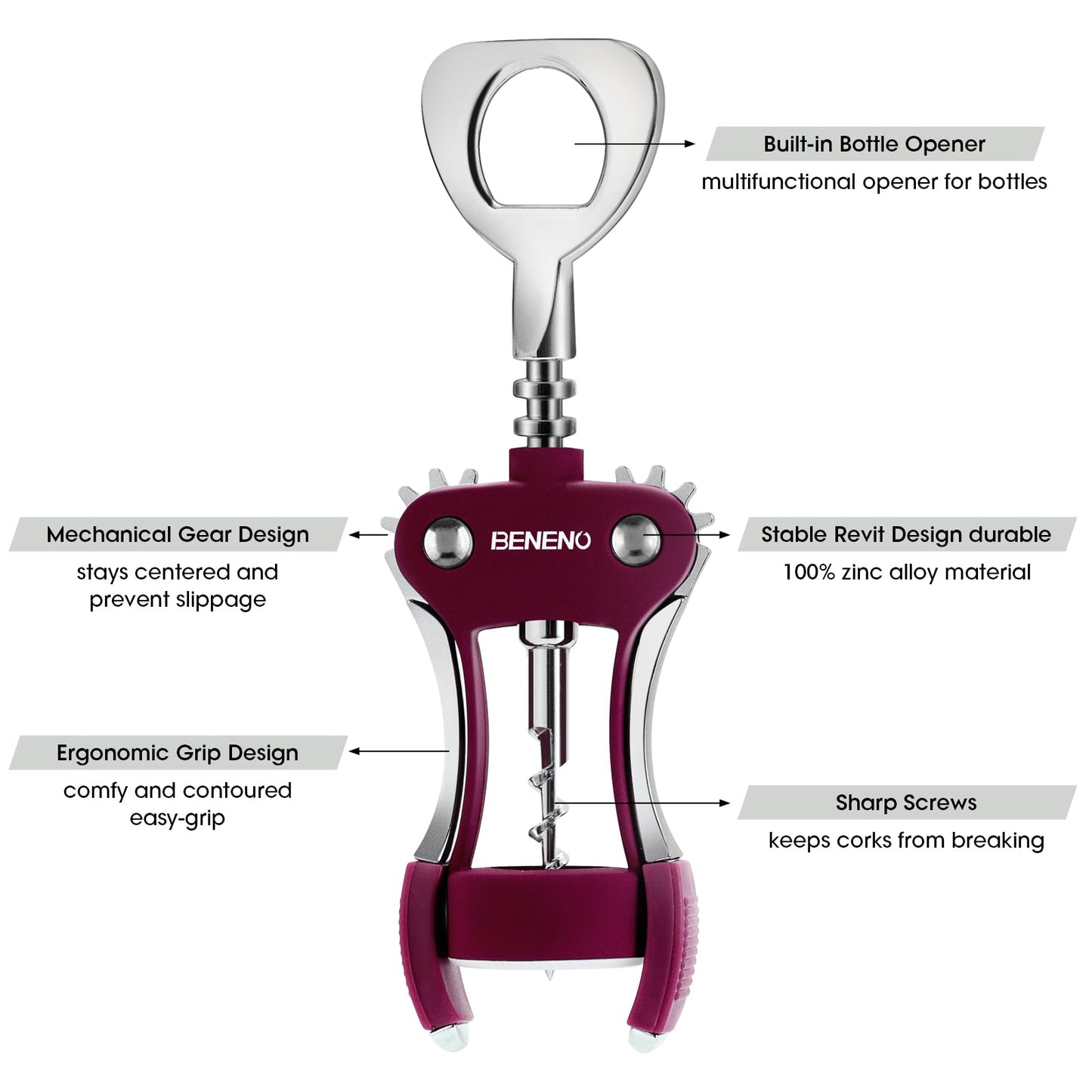 Wine Opener, Zinc Alloy Premium Wing Corkscrew Wine Bottle Opener with Multifunctional Bottles Opener, Sharp Corkscrew with Ergonomic Non-slip Wing Handle, Upgrade