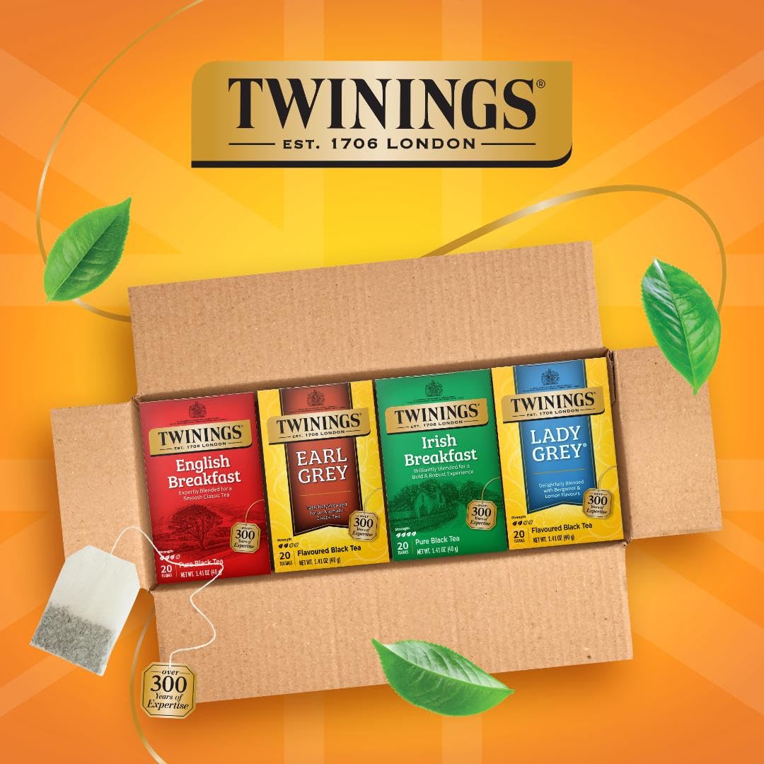 Twinings English Breakfast Black Tea, 100 Individually Wrapped Tea Bags, Smooth, Flavourful, Robust, Caffeinated, Enjoy Hot or Iced