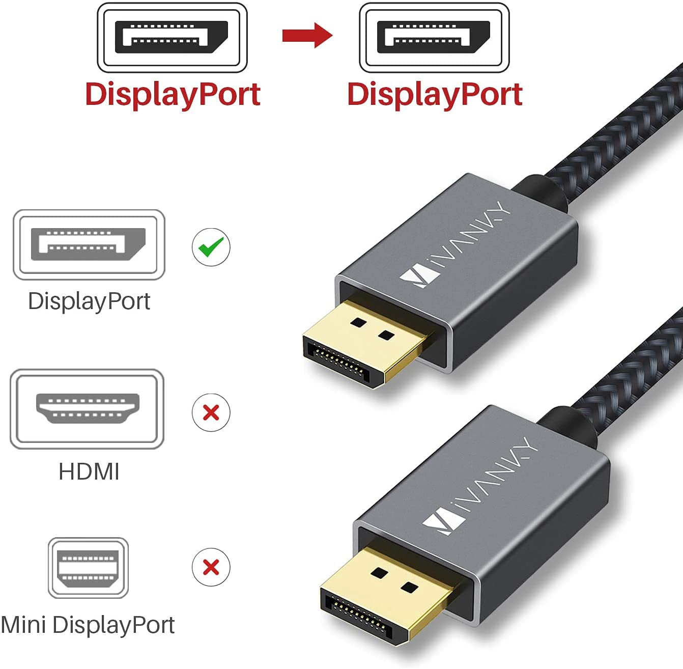 IVANKY VESA Certified DisplayPort Cable, 6.6ft DP Cable 1.2,[4K@60Hz, 2K@165Hz, 2K@144Hz], Gold-Plated Braided High Speed Display Port Cable 144Hz, for Gaming Monitor, Graphics Card, TV, PC, Laptop