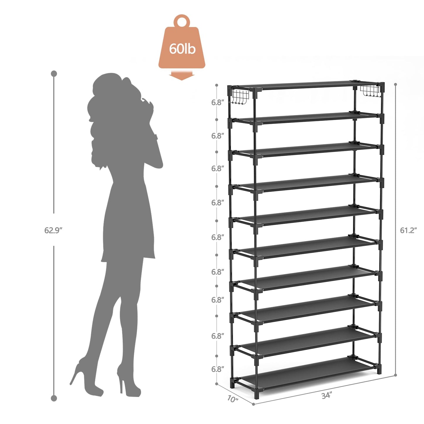 10 Tiers Shoe Rack 50 Pairs Large Capacity Tall Shoe Organizer Sturdy Shoe Storage with Two Hooks Space Saving Metal Wide Shoe Rack for Closet, Entryway, Bedroom, Grey