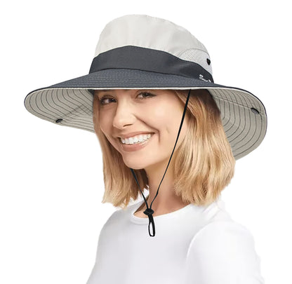 Women's Outdoor UV-Protection-Foldable Sun-Hats Mesh Wide-Brim Beach Fishing Hat with Ponytail-Hole