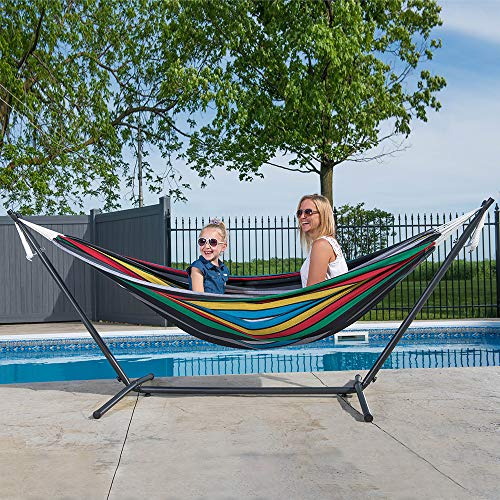 Vivere Double Hammock with Space Saving Steel Stand, Natural (450 lb Capacity - Premium Carry Bag Included)