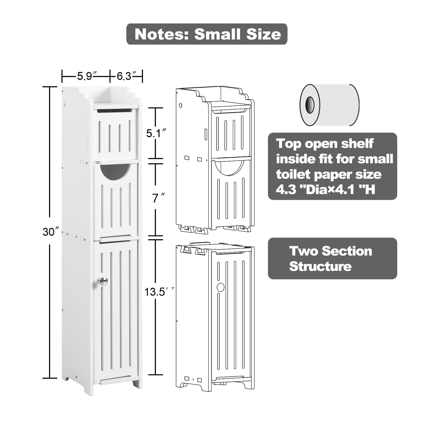 AOJEZOR Bathroom Storage Cabinet: Small Bathroom Storage Cabinet for Small Space - Toilet Paper Cabinet Fit for Small Roll - White