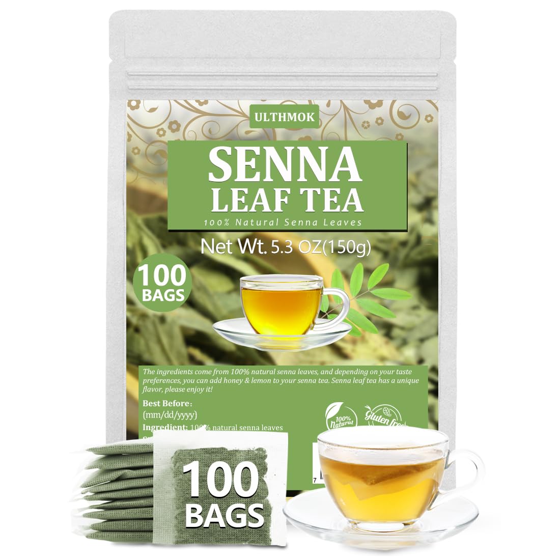 Premium 50 Mullein Leaf Tea Bags. Made with 100% Pure Mullein Leaves, for Lungs Cleanse and Respiratory Support, No Flavoring & No Additives & Caffeine Free.