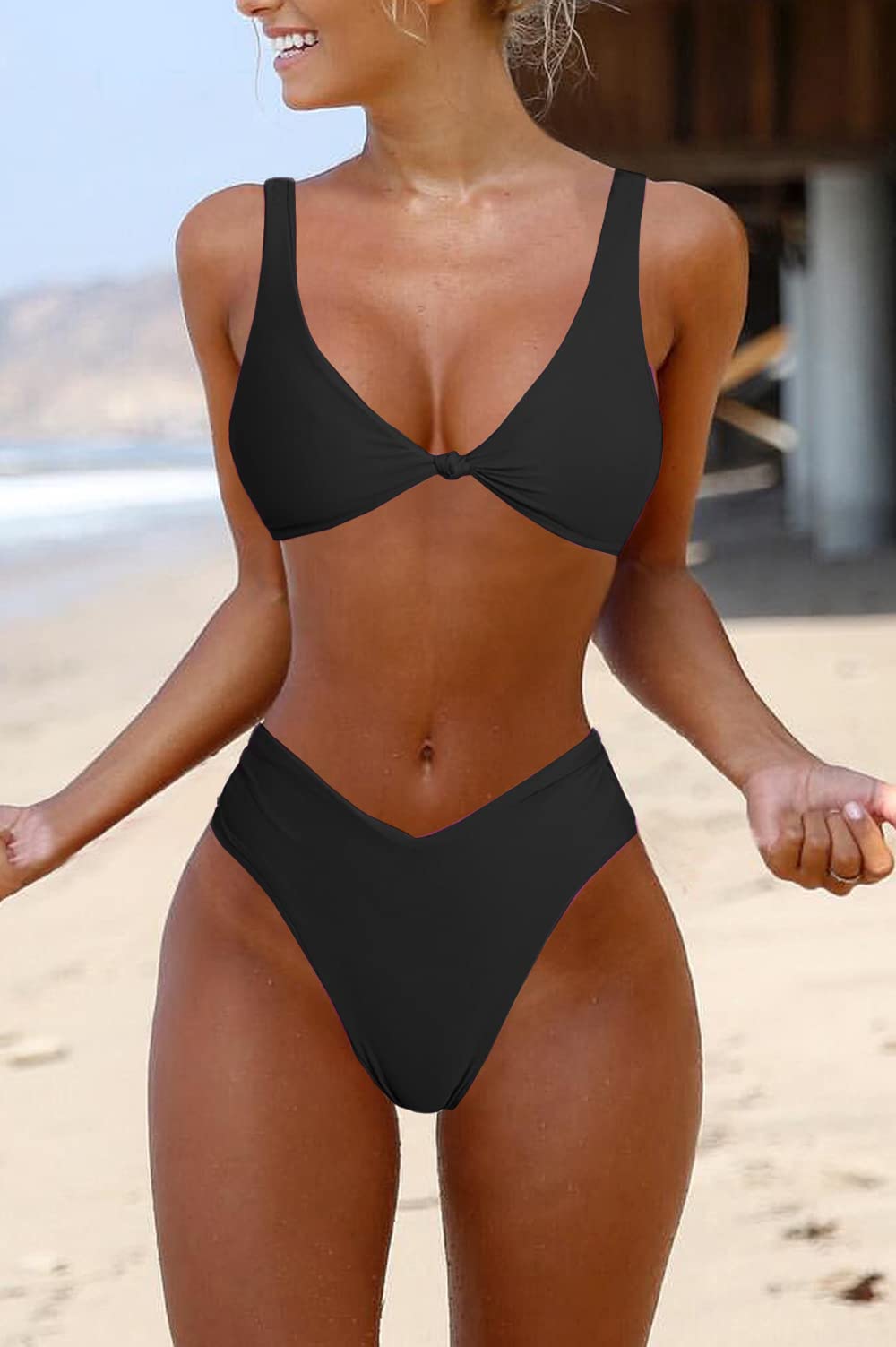 Bikini Set for Women Solid V Neck Knot Front Push Up High Leg Thong Two Piece Swimsuit