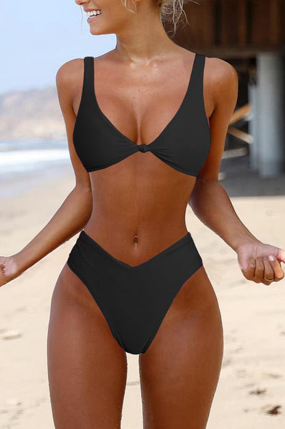 Bikini Set for Women Solid V Neck Knot Front Push Up High Leg Thong Two Piece Swimsuit