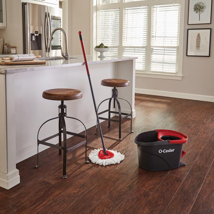 O-Cedar Easywring Microfiber Spin Mop & Bucket Floor Cleaning System with 1 Extra Refill,Red / Gray