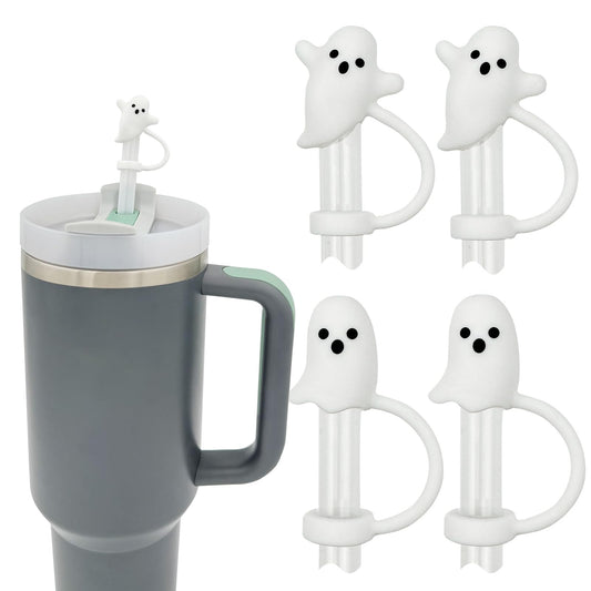 Cute Ghost Straw Covers Cap Compatible with Stanley Cup 30 40 oz, 4PCS Silicone Reusable Drinking Straw Topper Including 2 styles, Funny Tumbler Accessories Perfect Halloween Decorations